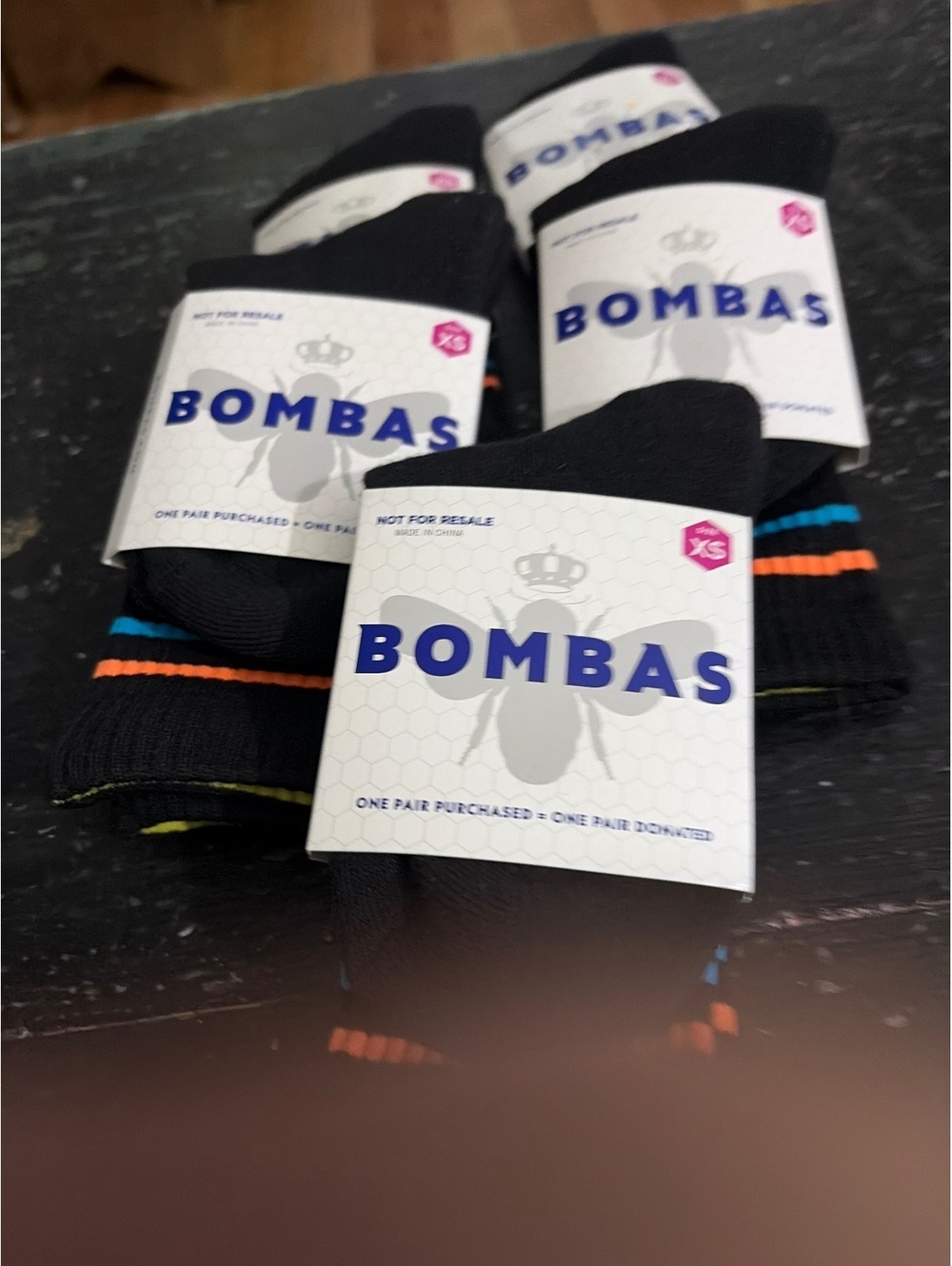 Bombas Extra Small Toddler/Youth Black 6 pairs Socks /Blue and Orange Stripes